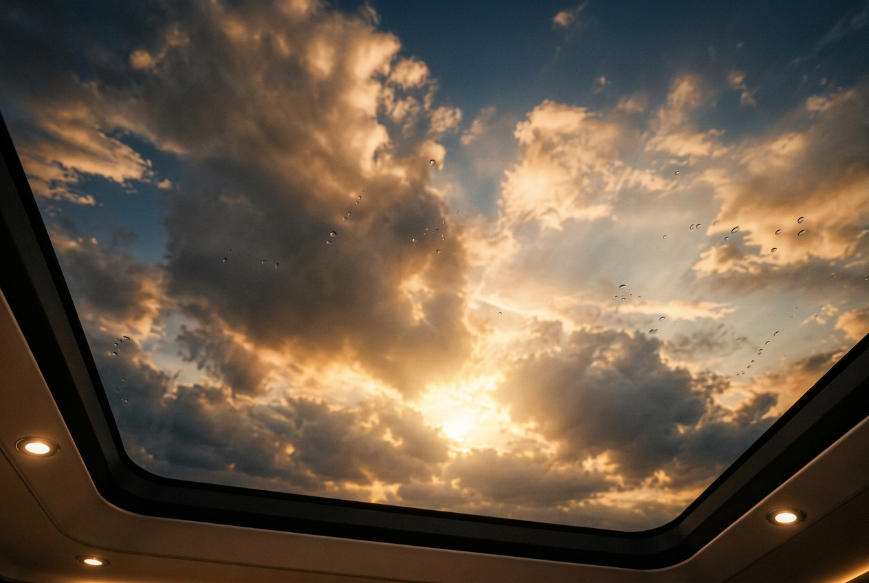 Vista del cielo al atardecer a través del techo panorámico de la cabina del Deep Blue 32 Cabin