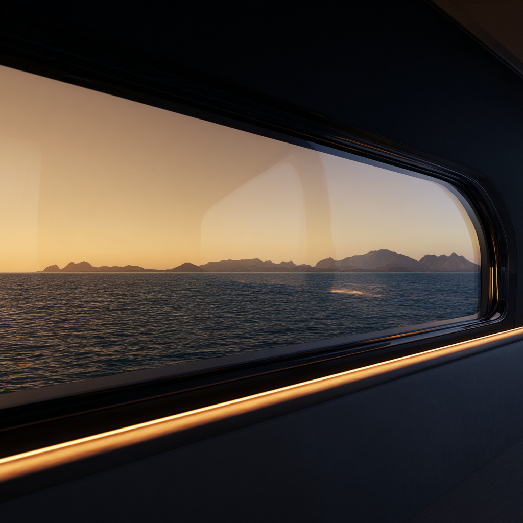 Vista del amanecer mediterráneo a través del ventanal panorámico del casco Deep Blue 32 Open